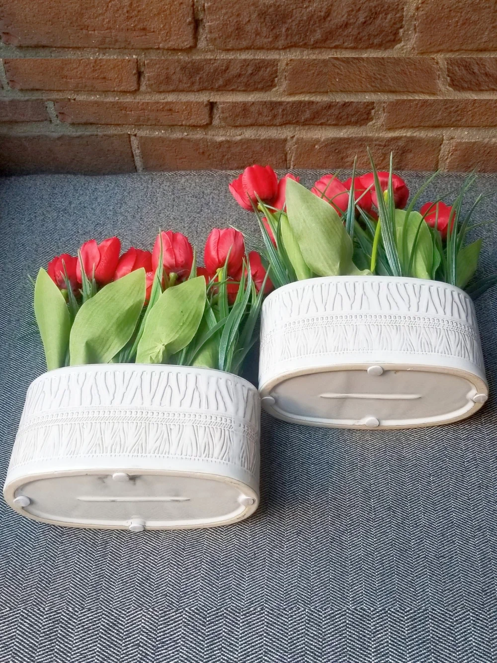 Red Tulips Artificial Arrangement in White Glazed Ceramic Planter
